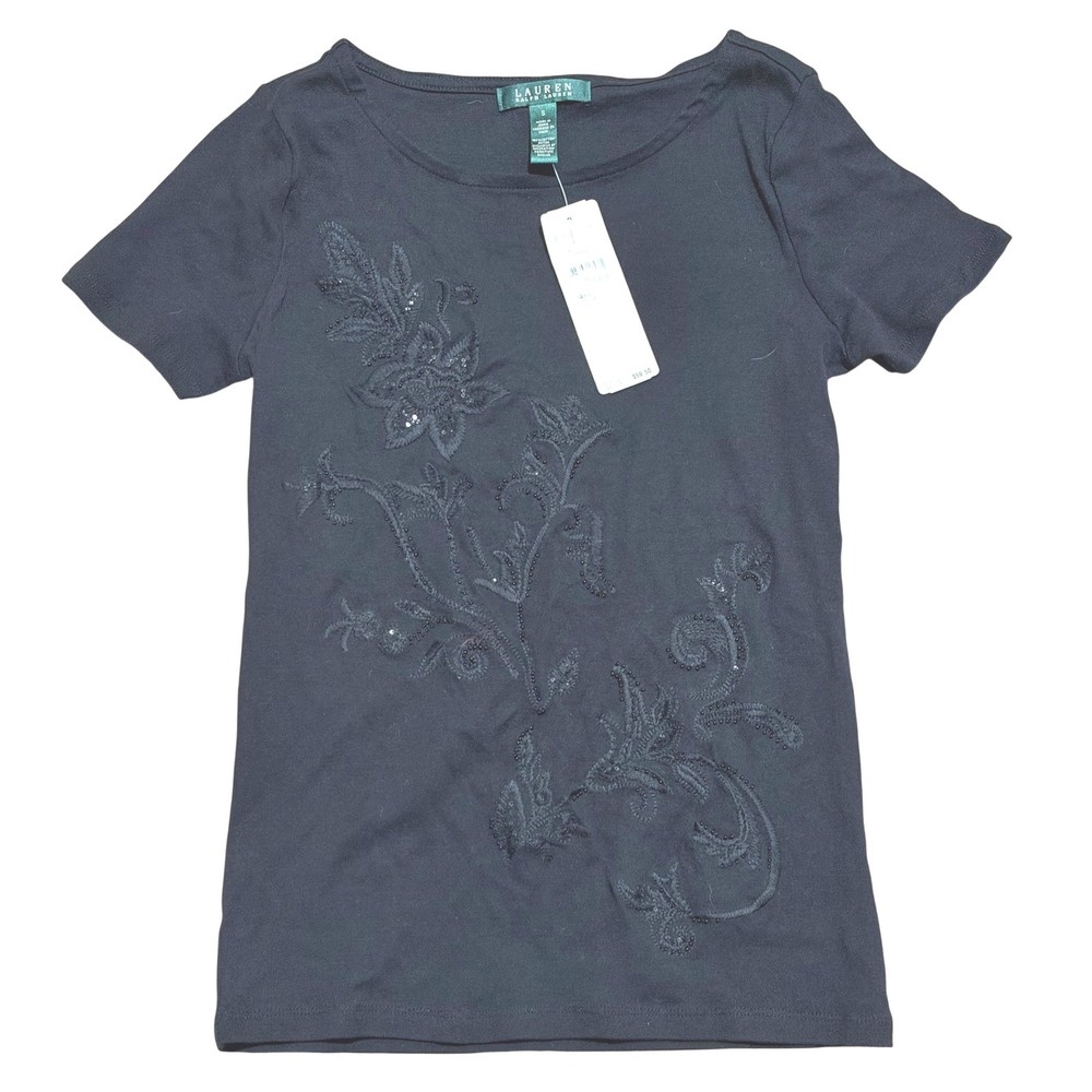LRL Ralph Lauren Black Embellished Floral Sequin T Shirt Top Womens S Small NEW